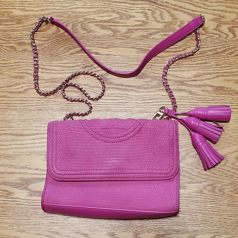 Tory Burch Barbie Pink Lizard Embossed Suede Leather Fleming Shoulder Bag Purse